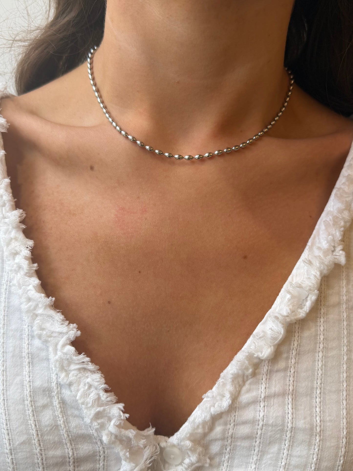 Mila Rice Bead Necklace Silver
